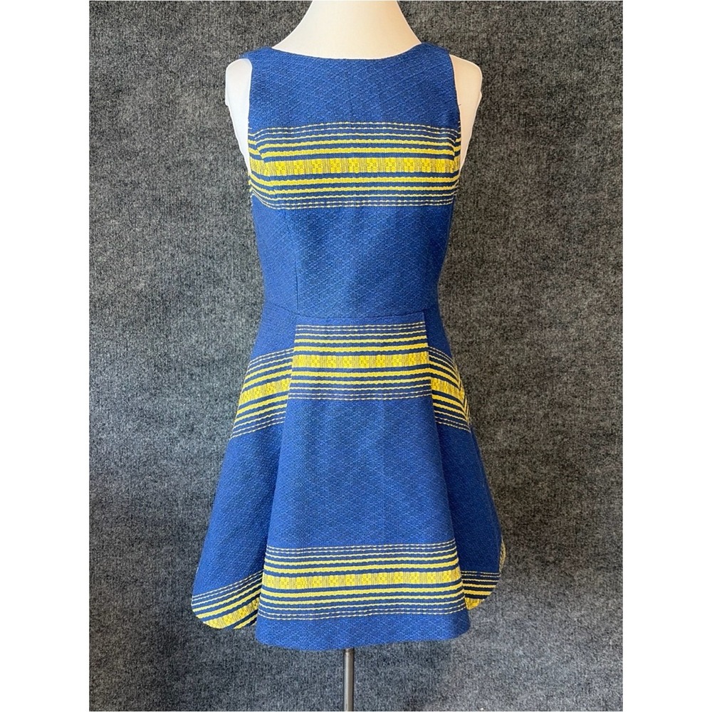 Alice + Olivia Mini Dress Womens 6 Blue Yellow Striped Fit-and-Flare V-Back